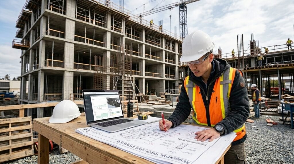 Engenheiro civil analisando projeto estrutural em obra residencial em Campinas