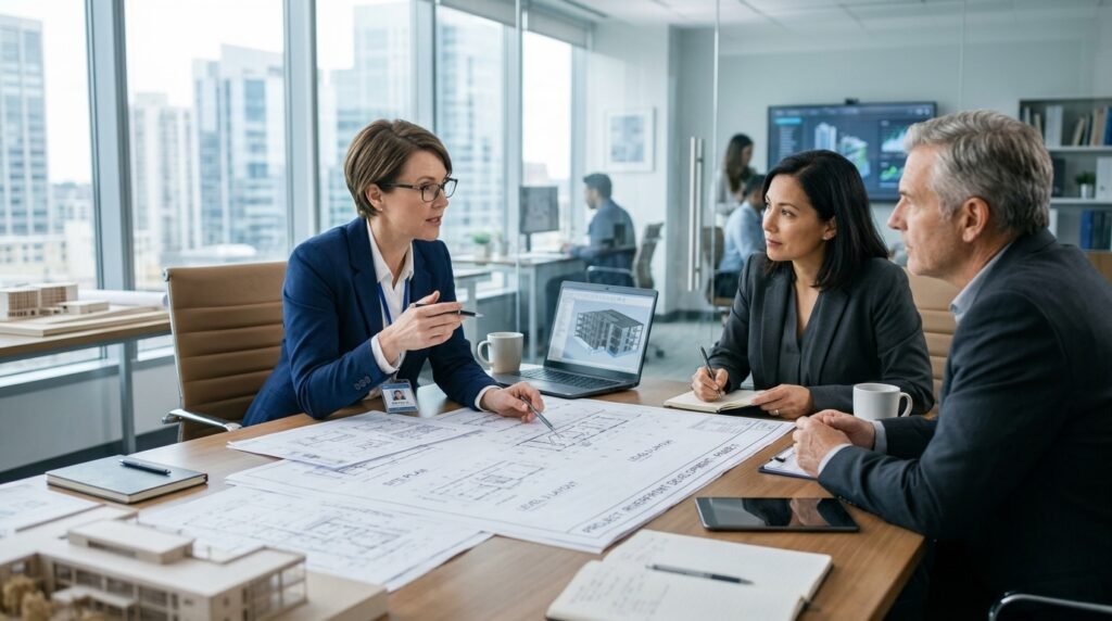 Engenheiro civil em Campinas apresentando projeto e orientando clientes sobre construção e regularização de imóveis