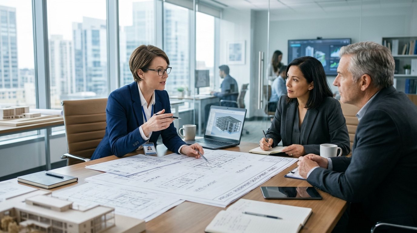 Engenheiro civil em Campinas apresentando projeto e orientando clientes sobre construção e regularização de imóveis