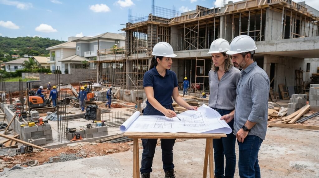 Engenheiro civil em Campinas apresentando projetos e orientando clientes durante obra residencial.