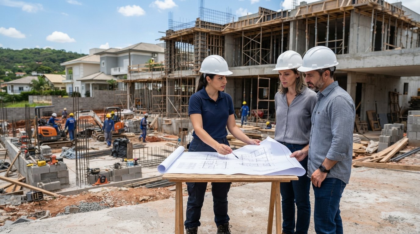 Engenheiro civil em Campinas apresentando projetos e orientando clientes durante obra residencial.