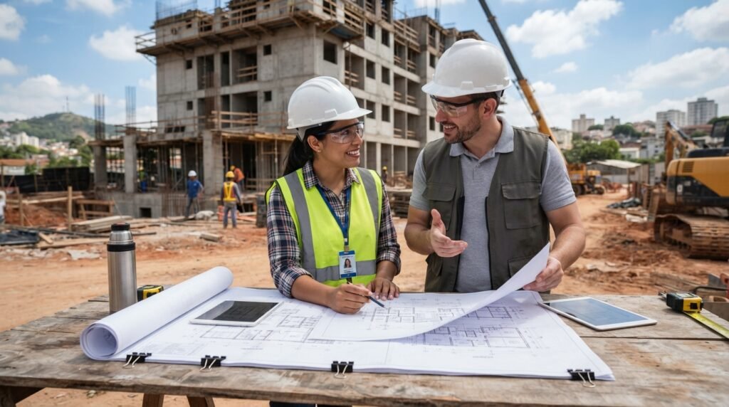 Engenheiro e arquiteto analisando projetos para construção de imóvel em Campinas.