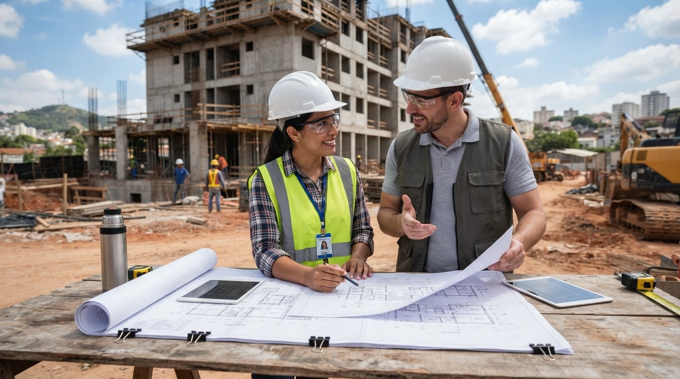 Engenheiro e arquiteto analisando projetos para construção de imóvel em Campinas.