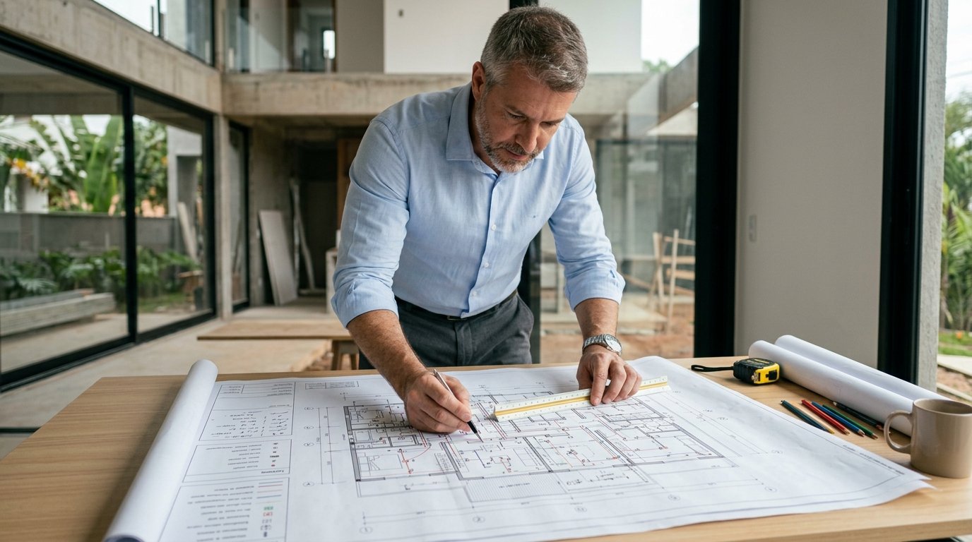 Projeto elétrico residencial sendo analisado para construção de imóvel em Campinas.