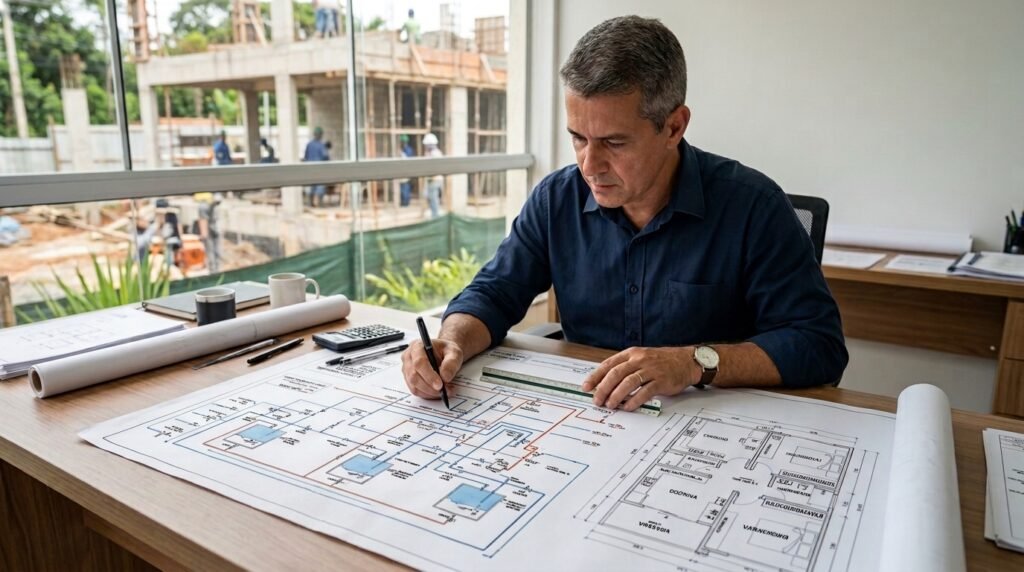 Projeto hidrossanitário de residência sendo analisado por engenheiro em Campinas.