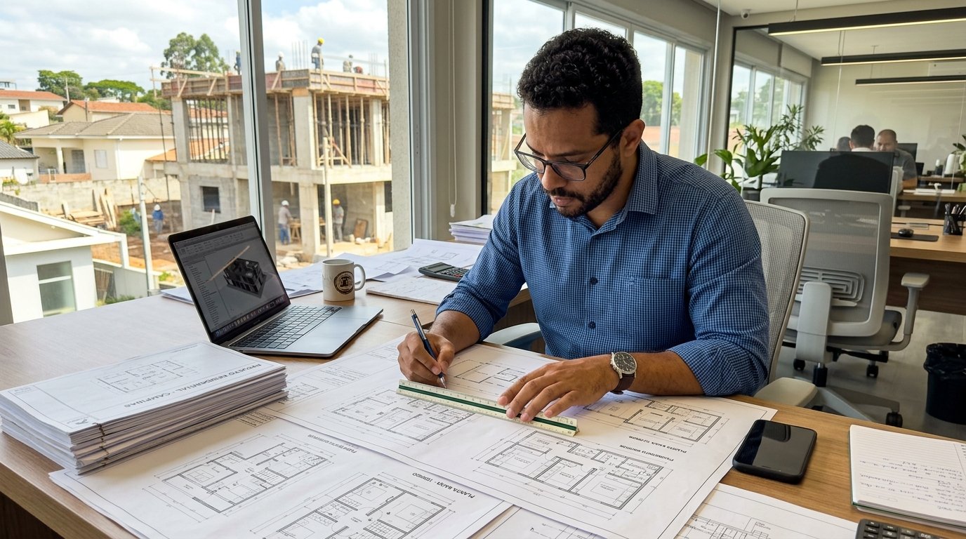 Engenheiro analisando documentação para aprovação de planta em Campinas.