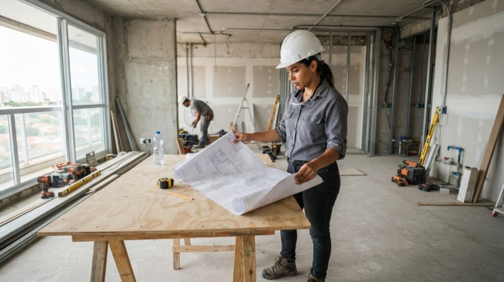 Engenheiro civil analisando projeto técnico para reforma de imóvel em Campinas.