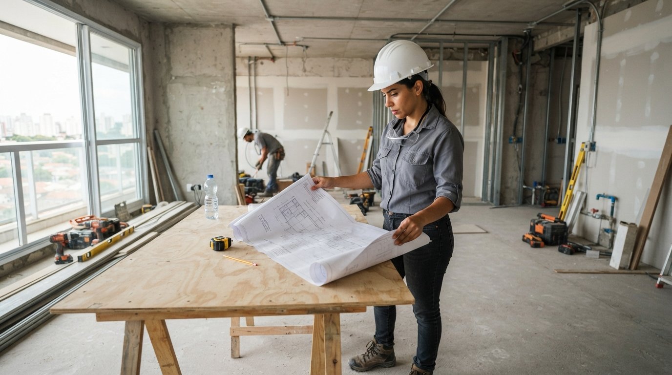 Engenheiro civil analisando projeto técnico para reforma de imóvel em Campinas.